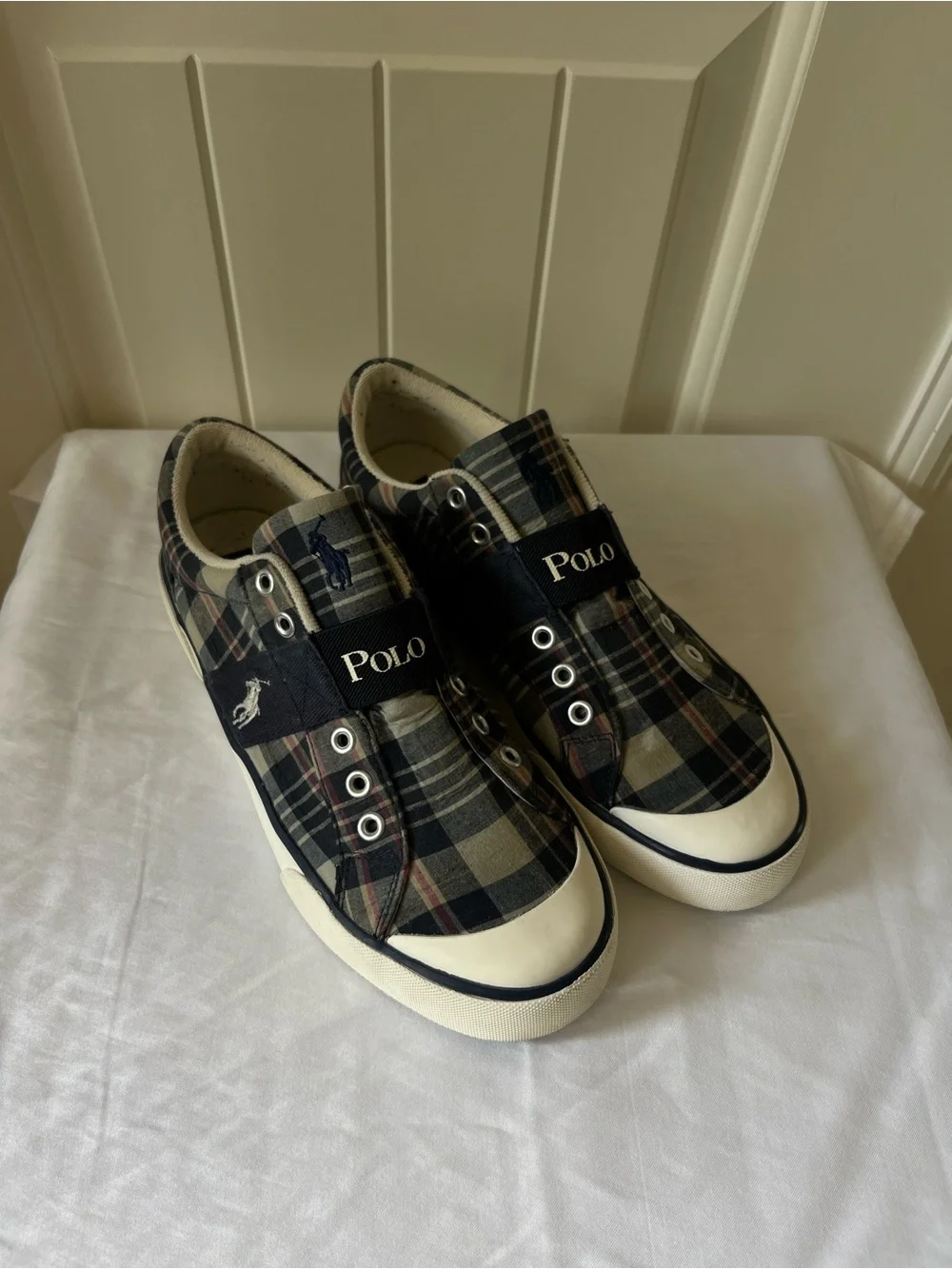 Polo by Ralph Lauren Men’s Plaid Slip-On Sneakers in Navy and Cream